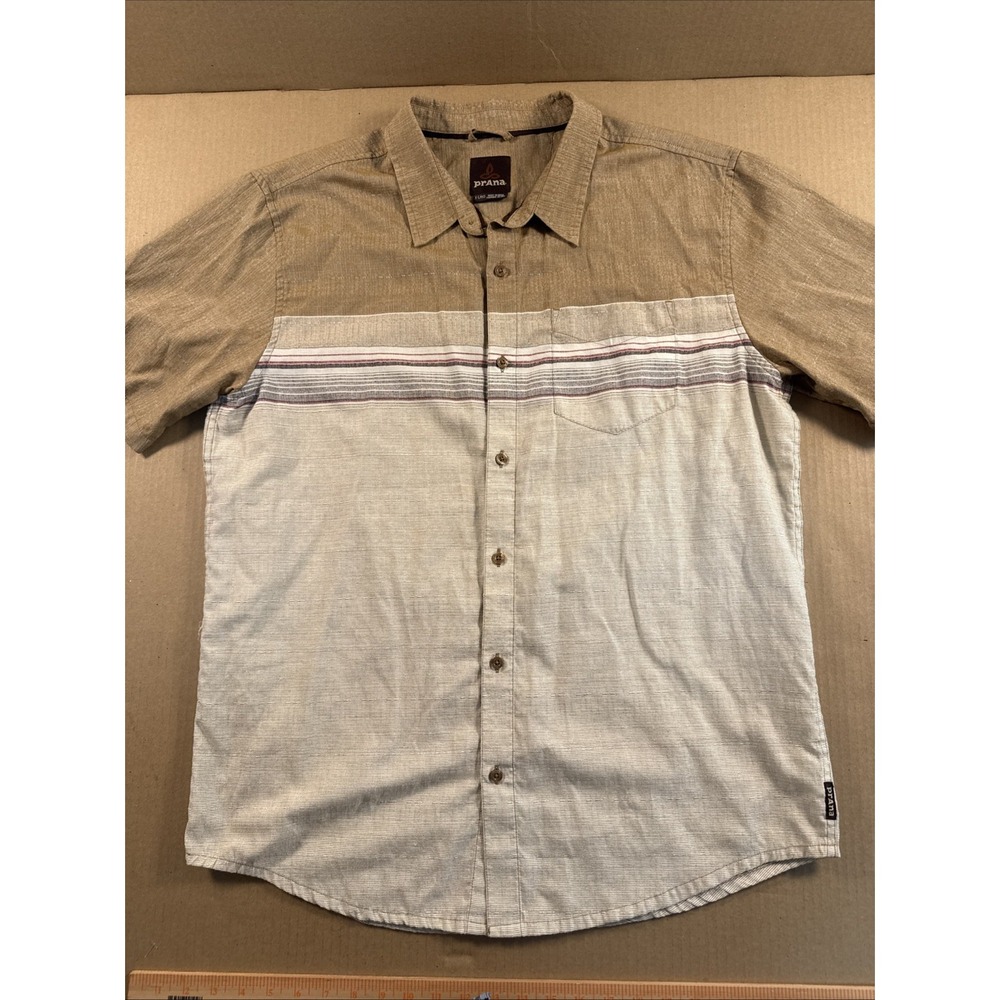 prAna Men's XL Shirt Beige Brown Striped Hiking Camping Outdoors Camp